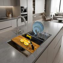 Kit Cuba Gourmet Aço Inox 304 70x40cm Completa com Torneira Extensível Monocomando e Escorredor de Louças com Tampa