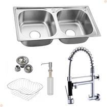 Kit Cuba Gourmet Dupla Inox Com Acessórios E Torneira Gourmet Vip Parede Cromada