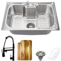Kit Cuba Inox c/ Acessórios e Tábua Carajás e Torneira Monocomando Munim - Prata e Preto Kit Cuba Inox c/ Acessórios e Tábua Carajás e Torneira Monocomando Munim - Prata e Preto