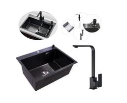 Kit Cuba Pia Aço Inox Preta Quadrada Cozinha Torneira Slim Kit Cuba Pia Aço Inox Preta Quadrada Cozinha Torneira Slim