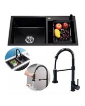 Kit Cuba Pia Dupla Cozinha Gourmet Completa com Acessórios e Torneira Extensível Aço Inox Preta