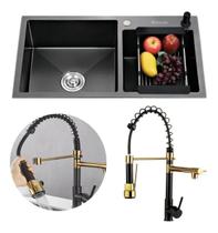 Kit Cuba Pia Gourmet Dupla Preta Aço Inox Torneira Flexível