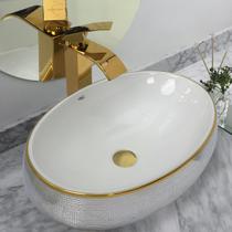 Kit Cuba Pia Louça Cerâmica Banheiro C/Torn e Vál Dourada 98