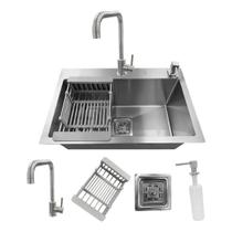 Kit cuba quadrada gourmet com torneira e acessorios inox 304 escovado