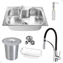 Kit Cuba Única Inox Acessórios Com Torneira Gourmet Monocomando Flexível Preta com Acabamento Cromada E Lixeira de Embutir 5 Litros