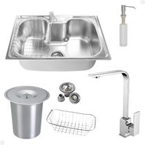 Kit Cuba Única Inox Acessórios Com Torneira Gourmet Monocomando Slim Cromada E Lixeira de Embutir 5 Litros