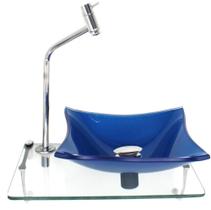 Kit Cuba Vidro 10Mm Azul Escuro Tampo 40Cm Incolor Suporte