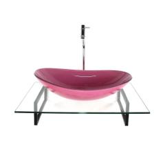 Kit Cuba Vidro Oval Rosa Tampo 60Cm Incolor E Suporte Preto