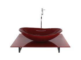 Kit Cuba Vidro Oval Tampo 60Cm Vermelho Cereja Full E Kit Cuba Vidro Oval Tampo 60Cm Vermelho Cereja Full E