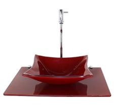 Kit Cuba Vidro Quadrada 10Mm Com Tampo 50Cm Vermelho Cereja Kit Cuba Vidro Quadrada 10Mm Com Tampo 50Cm Vermelho Cereja