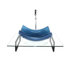 Kit Cuba Vidro Retangular Curvada Azul Tampo 60Cm Incolor E