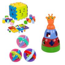 Kit Cubo Didático Infantil + Girafa Brinquedo de Empilhar e Bola Maluquinha