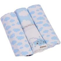 Kit Cueiro Bebe Manta Flanelado 3 Peças Estampado Nuvenzinha Azul 100 algodão Manrinha Enxoval Paninho Menino 80cmx80cm Minasrey