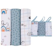 Kit Cueiro Flanelado E Paninho De Boca Bebe Enxoval Menino Recém Nascido Azul Algodão