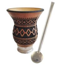 Kit Cuia de Porongo Natural com Pé e Bomba Inox Lisa 21cm para Chimarrão Tererê