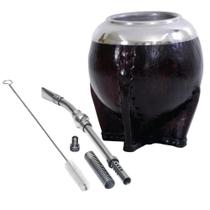 Kit Cuia Uruguaia Couro com Pé e Bomba Mola 19cm Inox Tererê Chimarrão Mate Bortonaggio Kit Cuia Uruguaia Couro com Pé e Bomba Mola 19cm Inox Tererê Chimarrão Mate Bortonaggio
