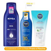 Kit Cuidado Corporal Verão Nivea: Hidratante Corporal Milk 400ml + Protetor Solar FPS 30 125ml + Gel Reparador Pós Sol