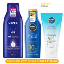 Kit Cuidado Corporal Verão Nivea: Hidratante Corporal Milk 400ml + Protetor Solar FPS 30 200ml + Gel Reparador Pós Sol