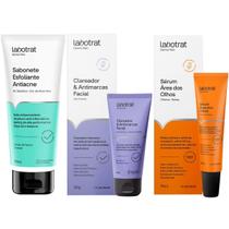 Kit Cuidado Facial Sabonete Esfoliante Antiacne Clareador Antimarcas Facial e Sérum Area dos Olhos