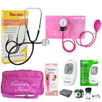 Kit cuidador de idosos com esteto simples esfigmo completo rosa