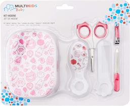 Kit cuidados higiene bebês com estojo pente escova tesoura cortador e lixa rosa menina - MULTILASER
