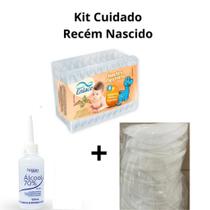 Kit Cuidados Mãe e Bebê Pós Parto 3 Produtos (Hastes Rn/ Abs de Seio/ Álcool 70%)