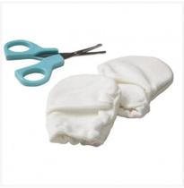 Kit Cuidados para Unhas Recém-Nascido Par de Luvas Brancas de Algodão Contra Arranhões e Tesoura Azul - Safety First