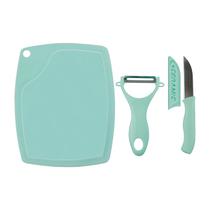 Kit Culinário 3 Peças Faca Ceramica Descascador Tábua Azul