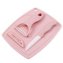 Kit Culinário 3 Peças Faca Ceramica Descascador Tábua Rosa