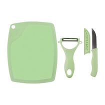 Kit Culinário 3 Peças Faca Ceramica Descascador Tábua Verde