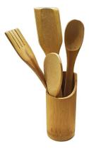 Kit Culinário Colher Bambu Pau Suporte Utensílios Cozinha - Bambu