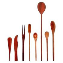 Kit Culinário De Pau Madeira Colher Espátula Garfo Faquinha
