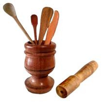 Kit Culinário De Pau Madeira Pilão Colher Espátula Faquinha