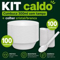 Kit Cumbucas 300ml e Colheres Brancas p/ Caldos e Sopas 100 Unidades Kit Cumbucas 300ml e Colheres Brancas p/ Caldos e Sopas 100 Unidades