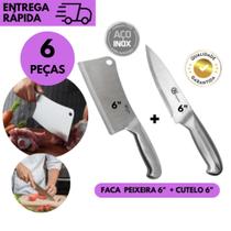 Kit Cutelo e Faca 6” Aço Inox Inteiriço Alta Durabilidade Cozinha Profissional Churrasco Corte Afiad Kit Cutelo e Faca 6” Aço Inox Inteiriço Alta Durabilidade Cozinha Profissional Churrasco Corte Afiad