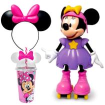 Kit da Minnie que fala Patinadora Elka + Copo e Tiara de Orelhas Rosa