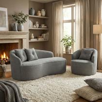Kit de 01 Sofá Orgânico Curvo Feijão + 01 Poltrona Confortável Sala Estúdio Amore Bouclê Cinza - Montanari s Decor