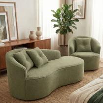 Kit de 01 Sofá Orgânico Curvo Feijão + 01 Poltrona Confortável Sala Estúdio Amore Bouclê Verde Oliva - Montanari s Decor