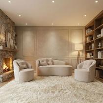 Kit de 01 Sofá Orgânico Curvo Feijão + 02 Poltronas Confortável Sala Estúdio Amore Bouclê Bege - Montanari s Decor