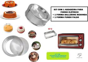 Kit de 1 Forma Fundo Falso + 1 Forma Ballerine Redonda + 1 Assadeira Retangular Para Forno Elétrico