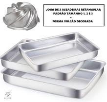Kit De 1 Jogo Assadeira Retangular N. 1, 2 e 3 + 1 Forma Decorada Bolo Vulcão Alumínio IF 35