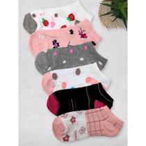 Kit de 12 pares de meias femininas soquetes coloridas confortáveis estampadas - Filó Modas