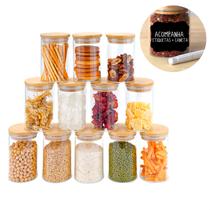 Kit de 12 potes herméticos vidro tampa bambu 250ml
