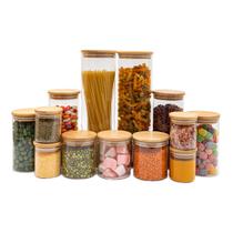 kit de 13 potes de vidro com tampa de bambu hermético redondo mantimento - Tud kit de 13 potes de vidro com tampa de bambu hermético redondo mantimento - Tud
