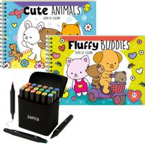 KIT de 2 LIVROS Comfy e Cozy Amigos Fofinhos e Comfy E Cozy Animais Fofos e 24 Canetas Touch Ponta Dupla