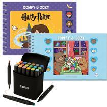 KIT de 2 LIVROS Comfy E Cozy Harry Potter e Comfy e Cozy Blue Para Colorir e 24 Canetas Touch Ponta Dupla