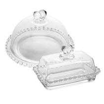 Kit de 2 peças: Manteigueira 17x10,5x10cm e Queijeira 19,5x13cm Cristal Coração com Tampa Lyor Kit de 2 peças: Manteigueira 17x10,5x10cm e Queijeira 19,5x13cm Cristal Coração com Tampa Lyor