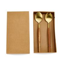 Kit De 2 Talheres Com Cabo Em Madeira e Aço Inox Dourado BTC Kit De 2 Talheres Com Cabo Em Madeira e Aço Inox Dourado BTC