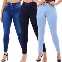 Kit De 3 Calça Jeans Feminina Skinny Cintura Alta Com Lycra