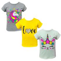 Kit de 3 Camisetas Infantis em Malha 100% Algodão para Meninas Estampada